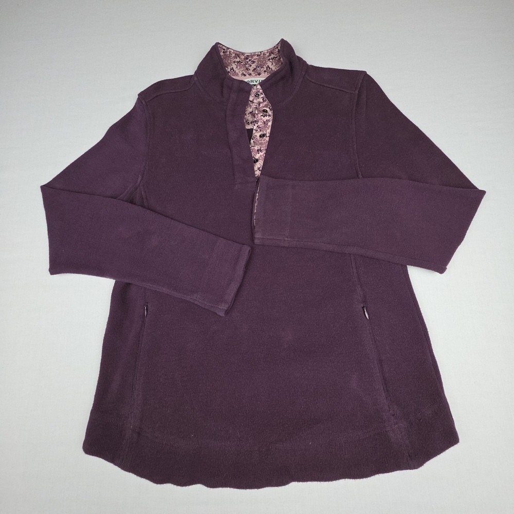Orvis Snap Neck Pullover Top Women M Purple Floral Trim Organic Cotton Blend